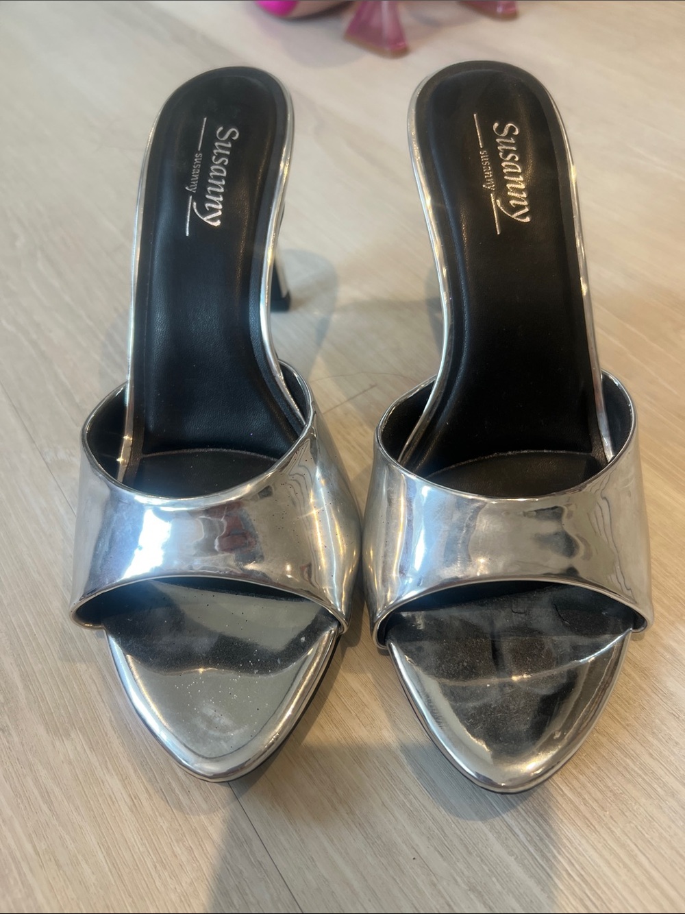 Sussan Silver Metallic Open-Toe Slide Heels